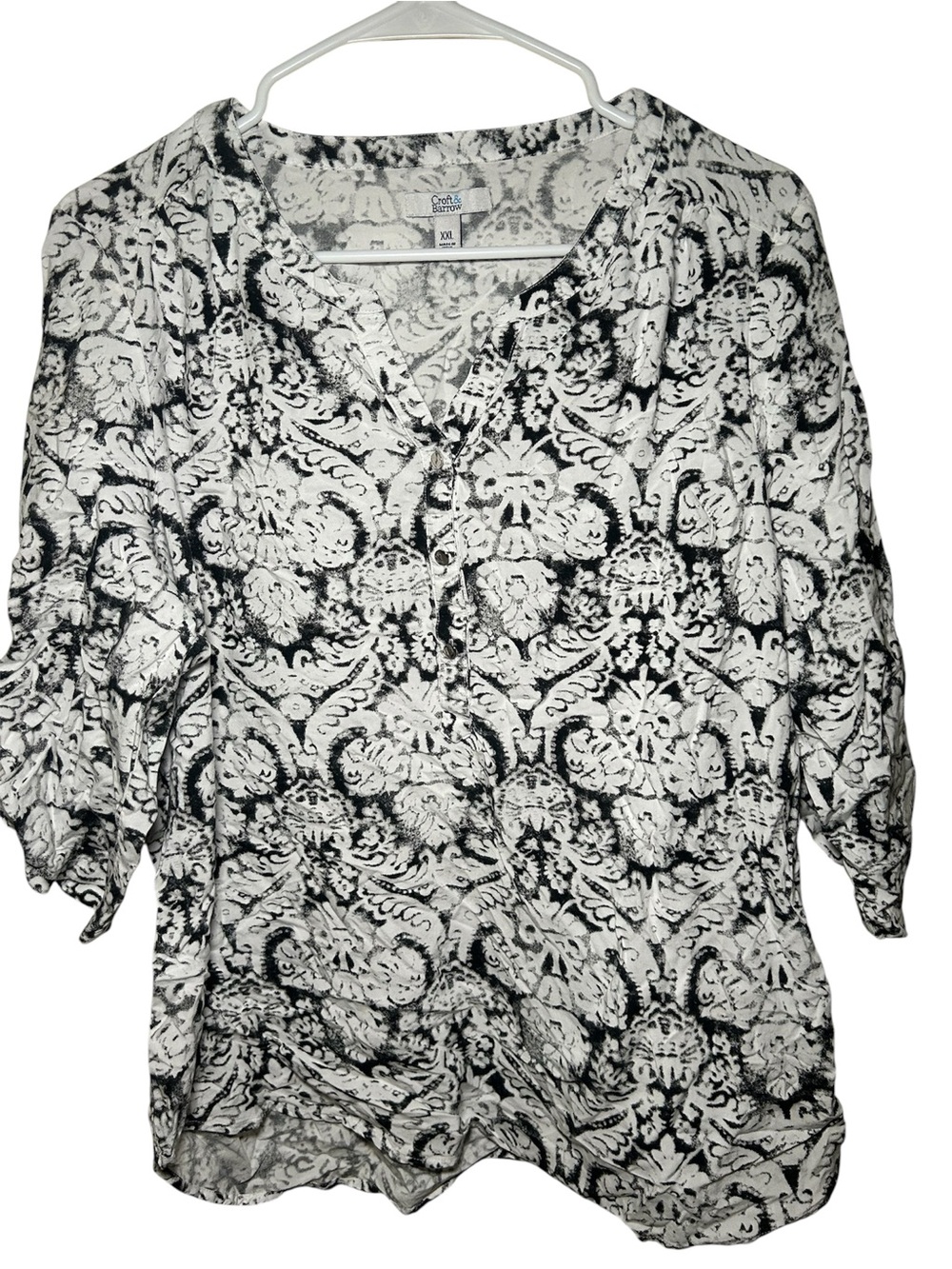 Croft & Barrow Women's Black White Printed V-Neck Half Sleeve Plus Size Blouse